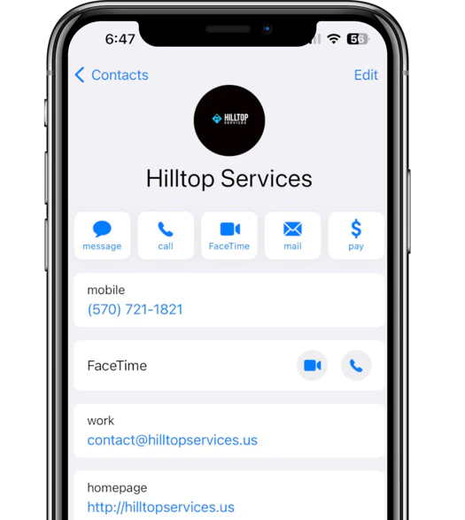 Hilltop Services contact info on iphone